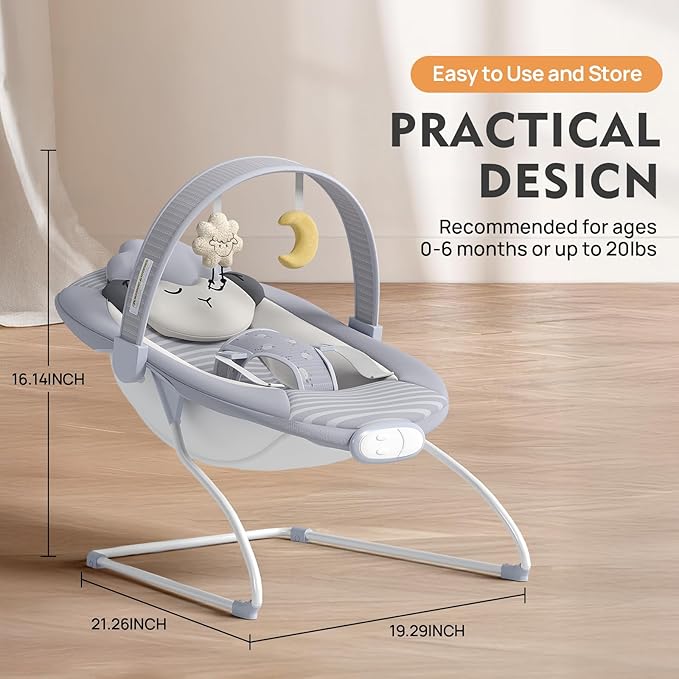 Baby Bouncer Seat, Portable Baby Bouncer, Soothing Vibrations Infant Seat with Music, 0-6 Months 6-20 lbs(Gray)