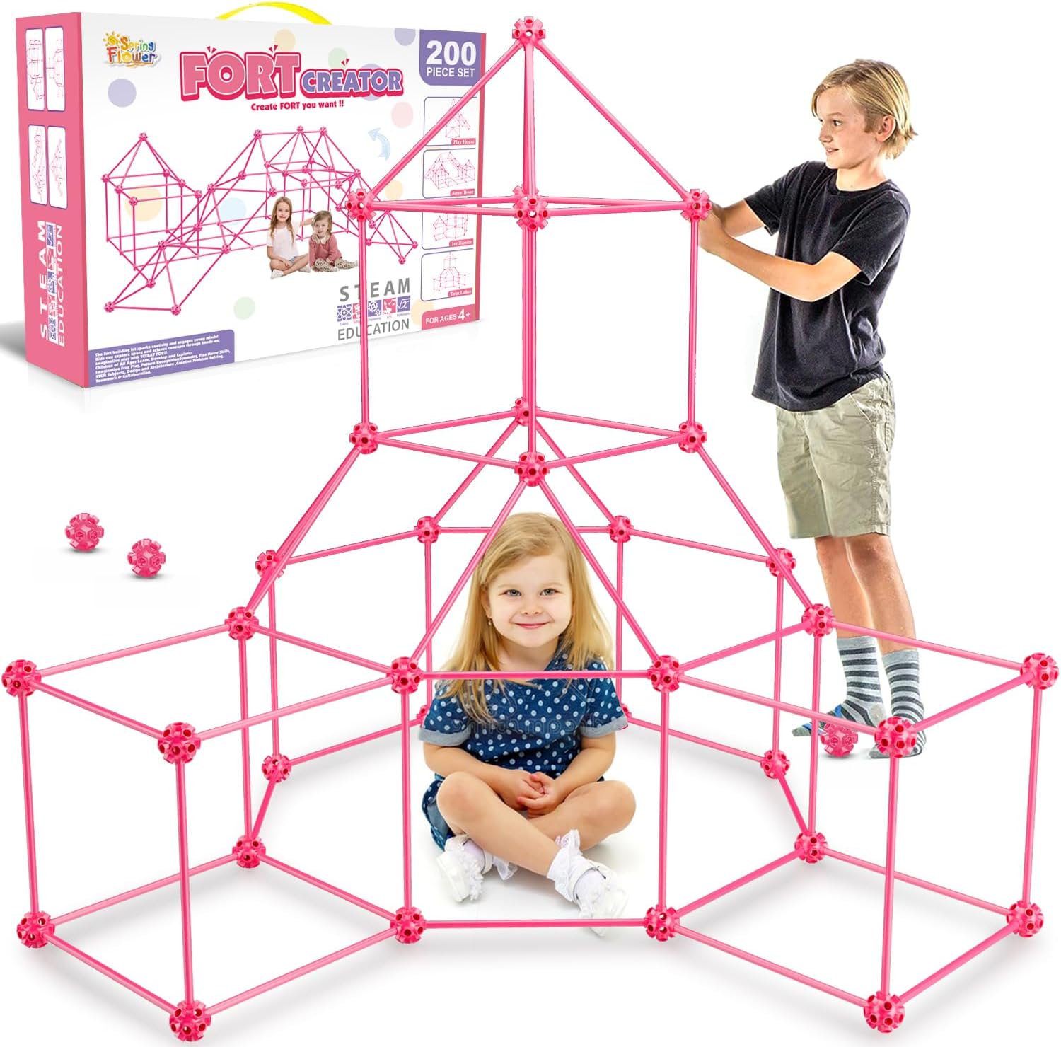 SpringFlower Fort Building Kit for Kids,STEM Construction Toys, Educational Gift for 4 5 6 7 8 9 10 11 12 Years Old Boys and Girls,Ultimate Creative Set for Indoor & Outdoors Activity,200 Pcs,Pink
