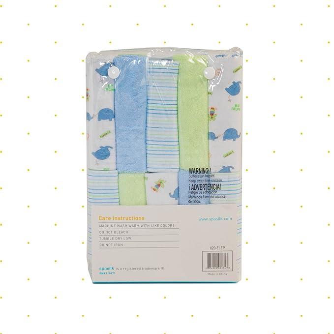 Spasilk Washcloth Wipes Set for Newborn Boys and Girls, Soft Terry Washcloth Set, Pack of 20, Blue Elephant