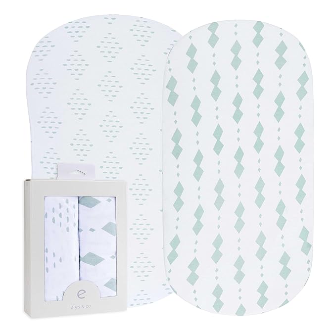 Bassinet Sheets Fitted Cover - Flexible Fit 100% Soft Jersey Knit Cotton - Neutral Grey Sage Diamond - 2 Pack Set