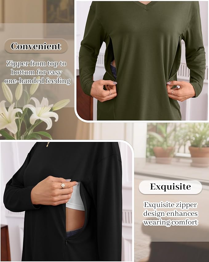 3 Pack Women's Oversize Nursing Shirts for Breastfeeding with Hidden Zippers Loose Fit Long Sleeve Maternity Tops