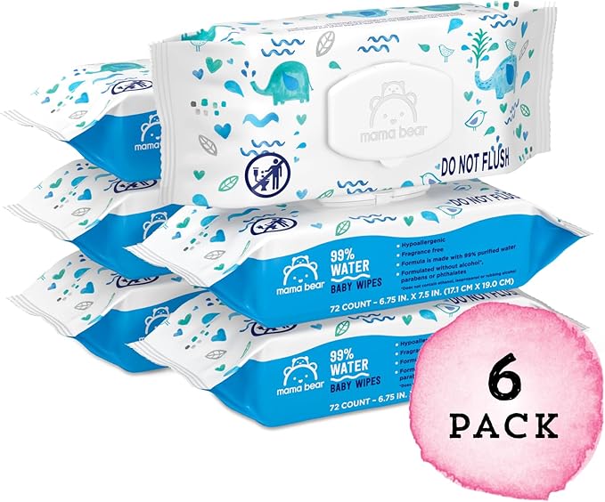 Amazon Brand - Mama Bear 99% Water Based Baby Wipes, Hypoallergenic for Sensitive Skin, Fragrance Free, 432 Count (6 Packs of 72)