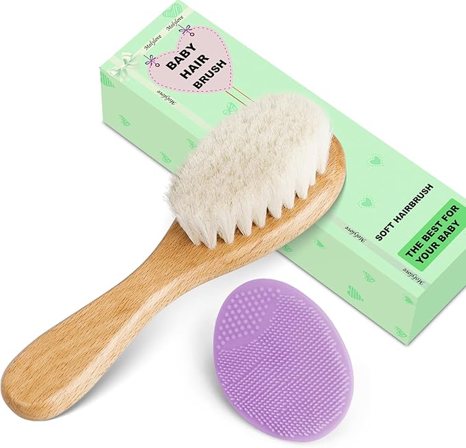 Baby Hair Brush and Purple Cradle Cap Brush Set for Newborns and Toddlers, Wooden Baby Hair Brush Set with Soft Goat Bristle, Baby Hair Care Kit 2PCS