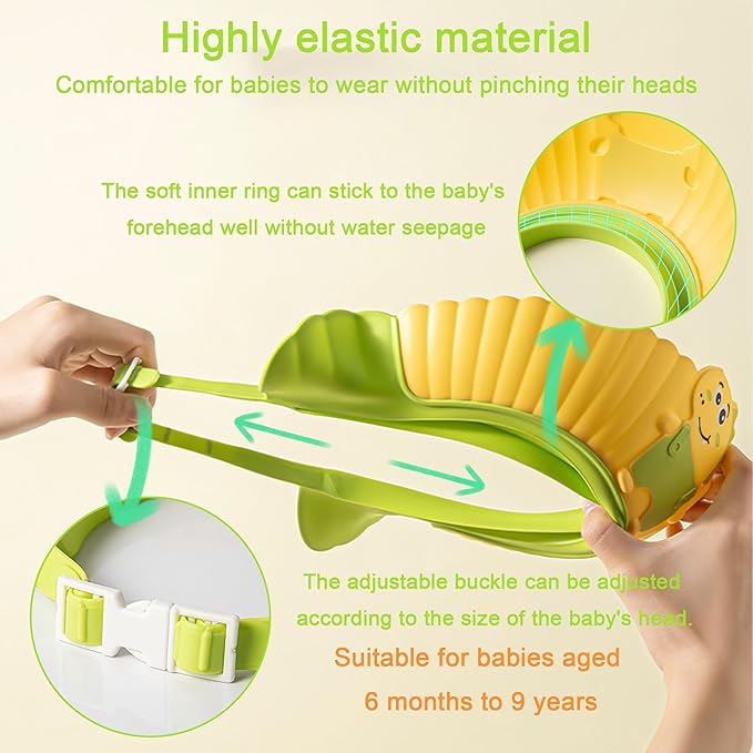 Baby Shower Cap Shield, Shower Cap for Kids, Visor Hat for Eye and Ear Protection for 0-9 Years Old Children, Cute Little Dinosaur Shape Makes The Baby Bath More Fun (Yellow)