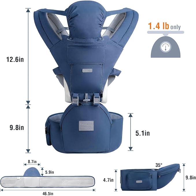Baby Carrier, 3-in-1 Baby Carrier Newborn to Toddler with Hip Seat (Ergonomic M Position) for 0-36 Month/7-45lbs, Adjustable Size for Enhanced Lumbar Support, Perfect for On-The-go, Blue