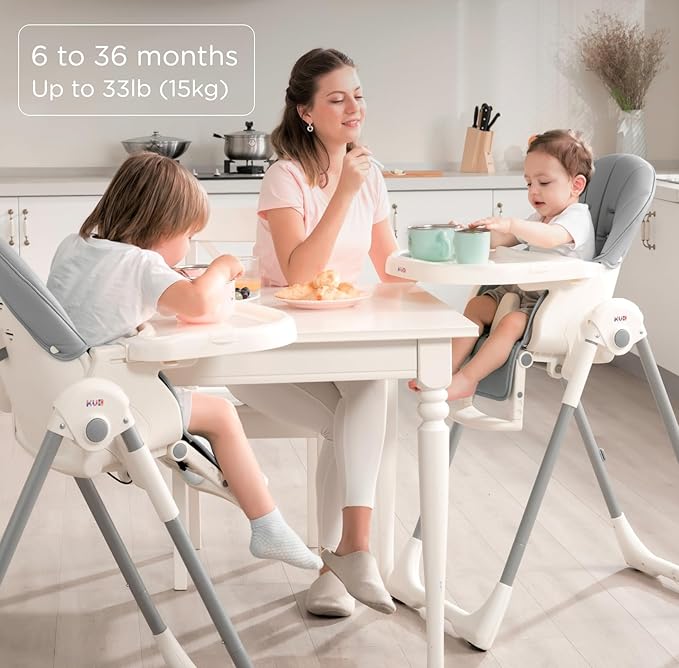 KÜB 3-in-1 Foldable Baby High Chair | Multifunctional Infant High Chairs for Babies and Toddlers | Removable Seat & Tray Easy Clean | 7 Height & 4 Recline Adjustable | 2 Locking Wheels (Grey)