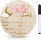 Baby Announcement Sign, 5.9 Inch Wooden Hello World Newborn Signs, Birth Announcement Sign and Pen, Moon and White Cloud Decoration, Welcome Newborn Arrival to World, Hospital Nursery for baby (Pink)
