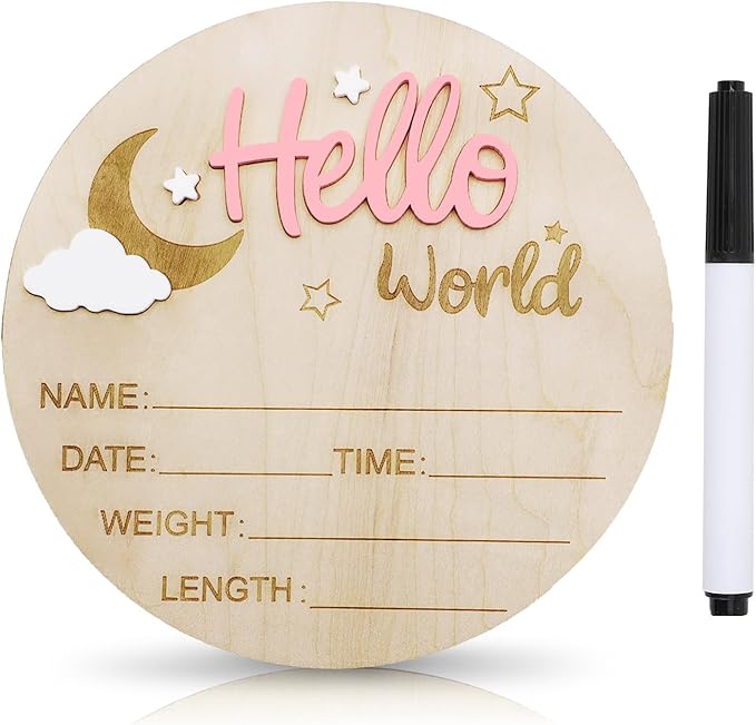Baby Announcement Sign, 5.9 Inch Wooden Hello World Newborn Signs, Birth Announcement Sign and Pen, Moon and White Cloud Decoration, Welcome Newborn Arrival to World, Hospital Nursery for baby (Pink)