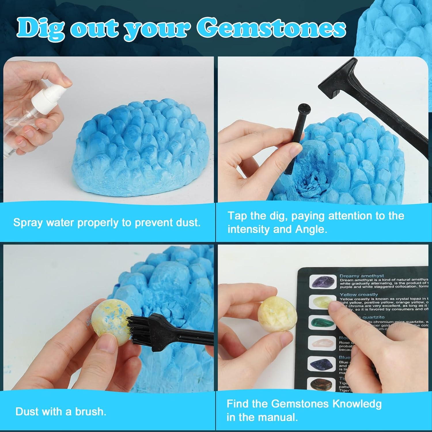 Gemstone Dig Kit (Unique Shape),Great STEM Science Kit for Kids- Excavate Your Own 16 Real Gemstones,Educational DIY Toys,Gem Digging Kit,Archaeology Geology Gifts for Boys & Girls Ages 6+