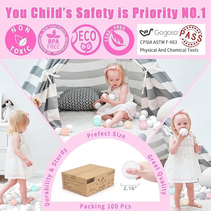 GOGOSO Ball Pits Balls for Toddlers Pack of 50 100 200 Plastics Shape Ball Non-Phthalate Non-BPA Non-Toxic 2.2-Inch Crush Proof Play Balls