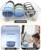 Baby Suction Bowls with Lids 4-Pack, 2-in-1 Stainless Steel 304 Toddler Bowl & Removable Silicone Suction Kids Bowl Plate Set Non Toxic Snack Dishes for Self-Feeding, Ocean Explorer Set