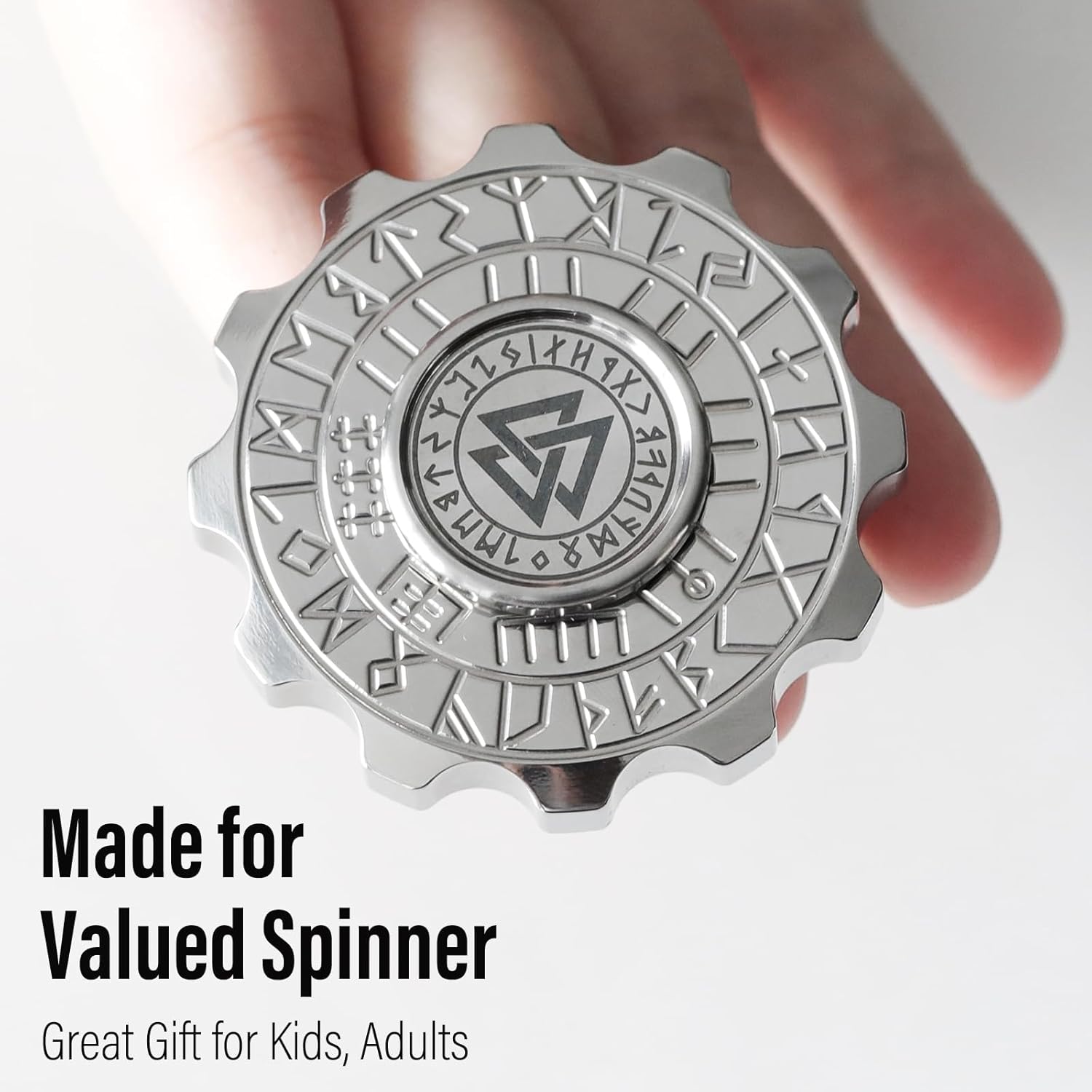 FREELOVE Metal Fidget Spinner, Viking Pirate Haptic Gyro, Heavy Stainless Steel Hand Spinning, Small Round Gear Fidget Block, Premium Bearing Silent Long Spinning for Adults Anxiety Cool, Silver