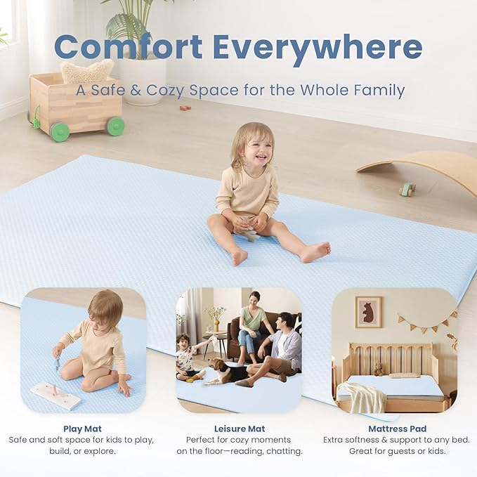 Baby Play Mat for Summer,1.3 Thick Memory Foam Cooling Floor Tummy Time Mat, Soft & Breathable, Non-Slip Rectangular for Toddlers’ Playtime & Rest(Light Blue,39"x59")