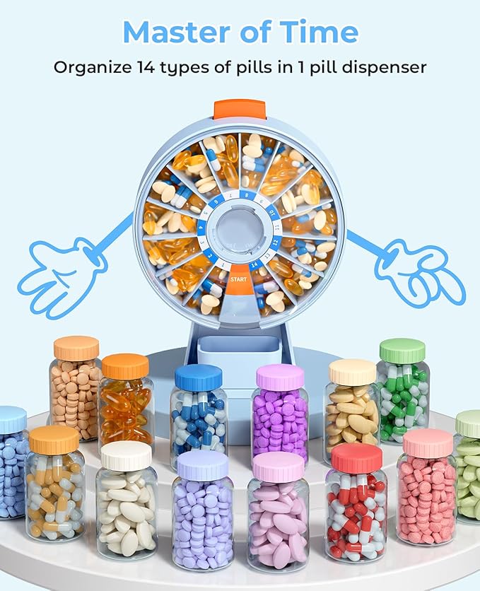 Daviky Pill Dispenser Daily, Large Pill Organizer with Wall-Mounted or Standing Use, 14 Days Pill Container, Push Button Design, Weekly Pill Box for Vitamin, Medicine,Supplement, Fish Oil(Blue)