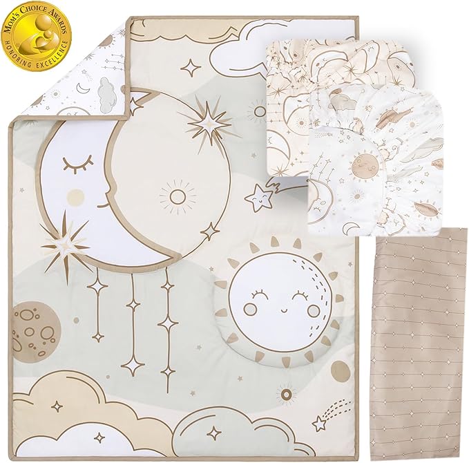 The Peanutshell 5 Piece Baby Crib Bedding Set for Boys & Girls - Newborn, Infant & Toddler Nursery Bed Set Decor with Fitted Crib Sheets, Blanket, Dust Ruffle Comforter - Starry Skies