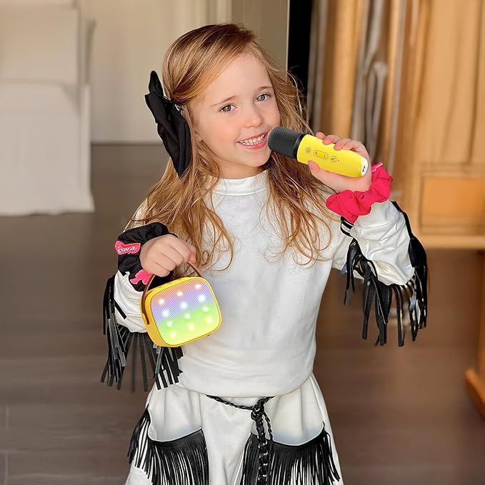 YLL Mini Karaoke Machine for Kids Adults, Portable Bluetooth Speaker with 2 Wireless Microphones, Birthday Gifts Toys for Girls Boys Ages 3, 4, 5, 6, 7, 8, 9,10,11,12+ Years Old Toddler (Yellow)