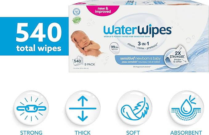 WaterWipes Sensitive+ Newborn & Baby Wipes, 3-In-1 Cleans, Cares, Protects, 99.9% Water, Unscented & Hypoallergenic, 540 Count (9 Packs)