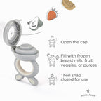 Moss and Fawn Little Explorer Kit - Silicone Frozen Breast Milk Popsicle Kit with Forage Feeder, Teething Popsicle Ice Cube Tray, & Gather & Roll Baby Feeding Bib - BPA, PVC, & Lead-Free - Dew