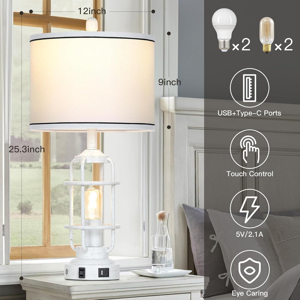 Farmhouse Industrial Lamps with USB A+C Charging Ports & AC Outlet, 3 Way Dimmable Touch Control Vintage Rustic Table lamps for Living Room, White Retro Beside Nightstand Metal Modern Lamp for Bedroom