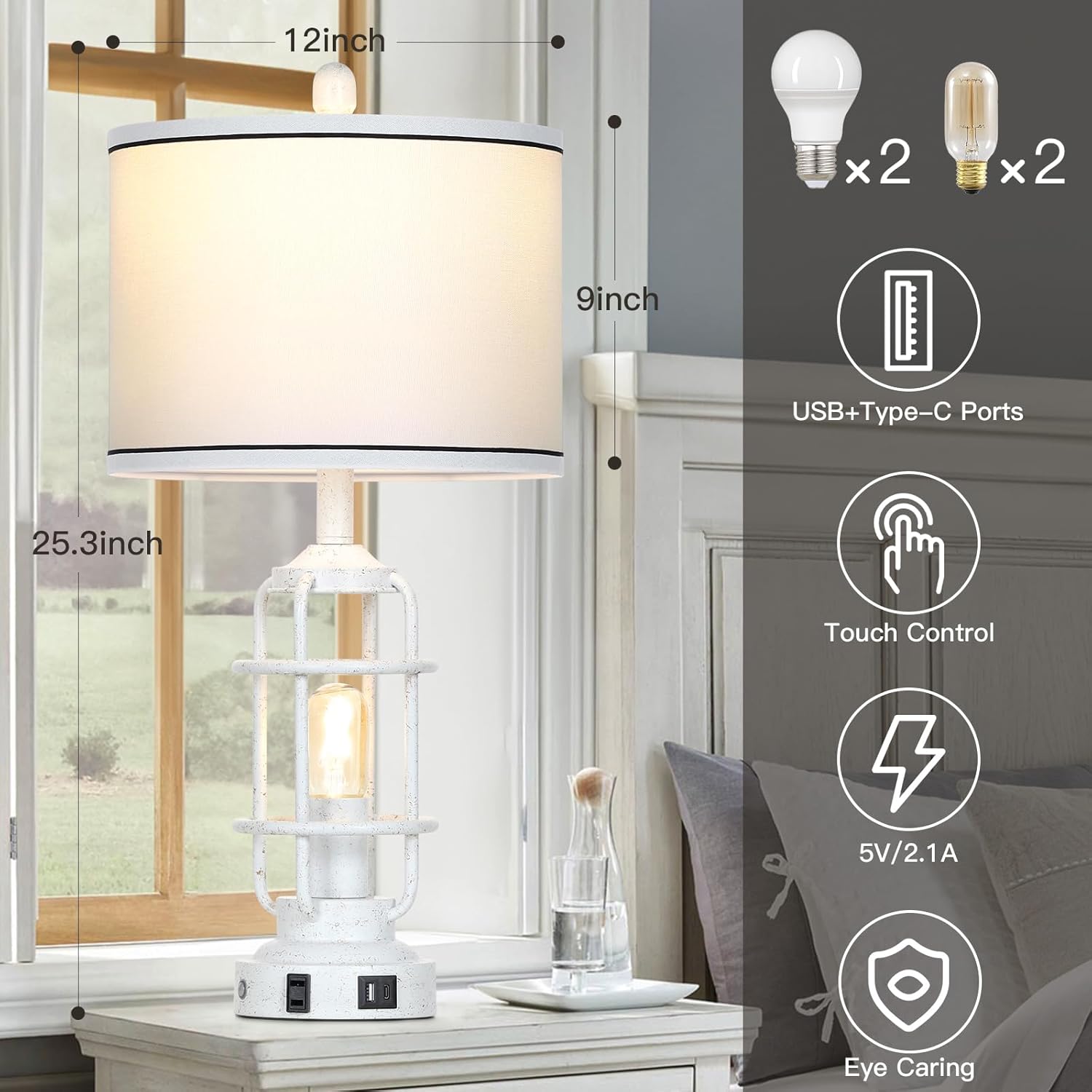Farmhouse Industrial Lamps with USB A+C Charging Ports & AC Outlet, 3 Way Dimmable Touch Control Vintage Rustic Table lamps for Living Room, White Retro Beside Nightstand Metal Modern Lamp for Bedroom