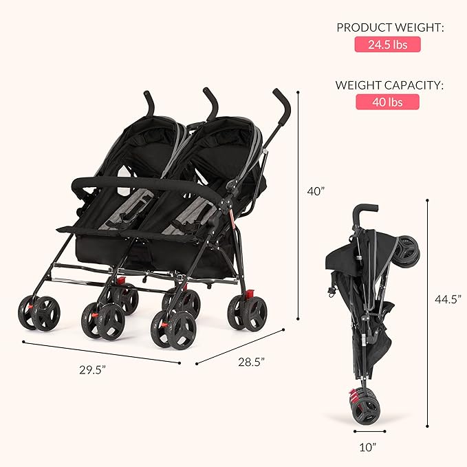 Dream On Me Volgo Twin Umbrella Stroller in Black, Lightweight Double Stroller for Infant & Toddler, Compact Easy Fold, Large Storage Basket, Large and Adjustable Canopy