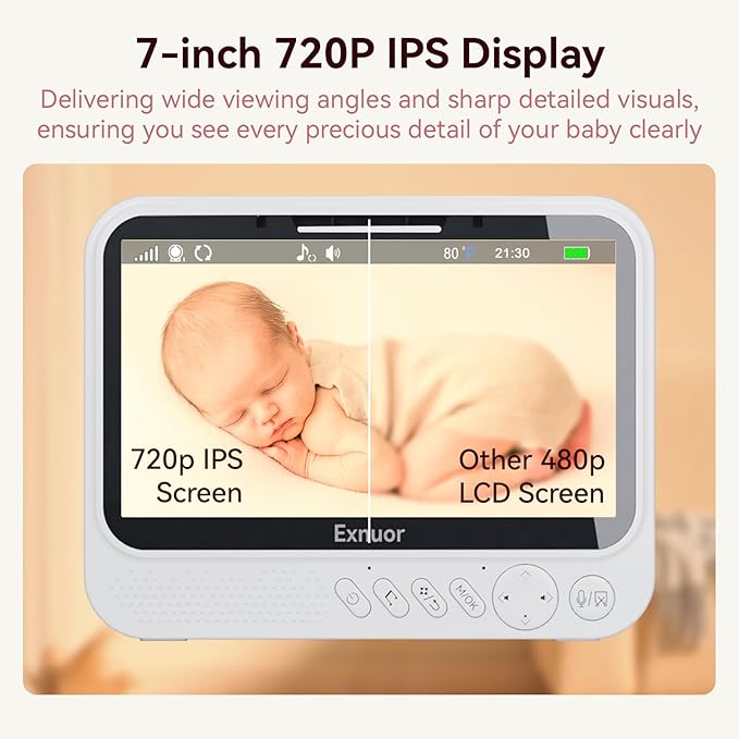 No WiFi Baby Monitor, 7" IPS Screen, 720p Baby Monitor with Camera and Audio, 5000mAh Battery, 1000ft Range, 6 Lullabies & 2 White Noise, VOX, Temperature Sensor, Night Vision, 2-Way Talk