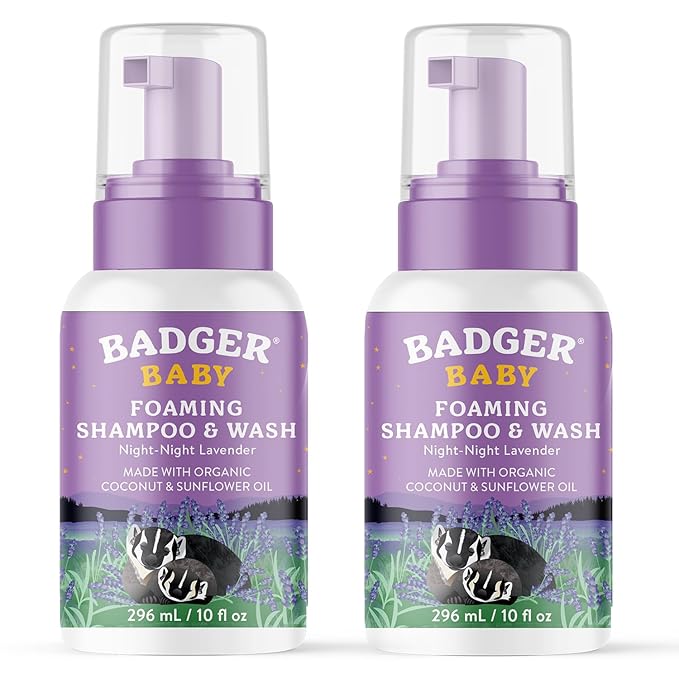 Badger Foaming Baby Shampoo and Body Wash, Gentle Organic Baby Wash w/Mild Calming Scent of Lavender, Long Lasting Foam & Easy to Use Sustainable Bottle, 10 fl oz, 2-Pack
