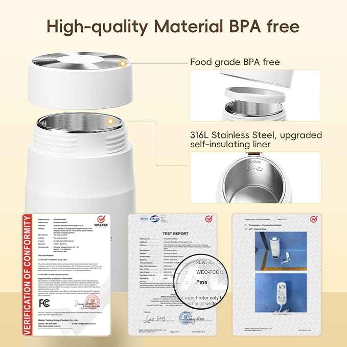 Portable Milk Warmer for Travel, Detachable Bottle Warmer for Breastmilk Formula Water, Boiling Function & Fast Heating, Rechargeable, Healthy for Baby on Journey, Car, Airplane