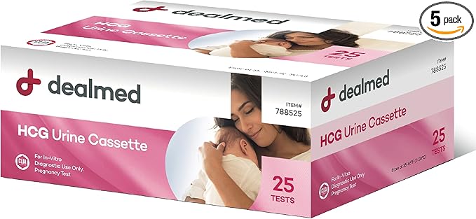 Dealmed HCG Urine Cassette Pregnancy Test, 25 Count, HCG Pregnancy Tests with Disposable Pipettes, Early Detection Pregnancy Test Kit (Pack of 5)