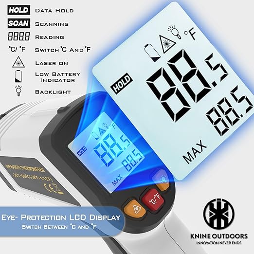 KNINE OUTDOORS Infrared Thermometer Laser Temperature Gun, -58℉ to 1112℉, Single Laser Targeting, Distance to Spot Ratio 12:1, for Cooking, Oven and Meat (White)