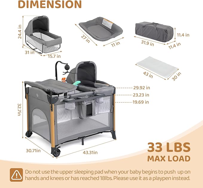 JOYMOR 7 in 1 Bedside Bassinet with Changing Table, All in One Nursery Center, Bedside Sleeper with Mattress, Sheet, Canopy, Storage Shelf,Gray