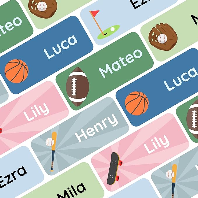 Personalized Name Labels for Kids (60) – Custom Waterproof & Durable Stickers for Clothing, Daycare, Office & School Supplies - Sports