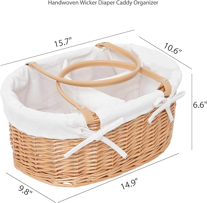 Handwoven Wicker Diaper Caddy Organizer, Multi - functional Baby Diaper Bag for Nursery & Home Storage, Detachable Lining, PU Handles, Baby Registry Must Haves (Wicker)