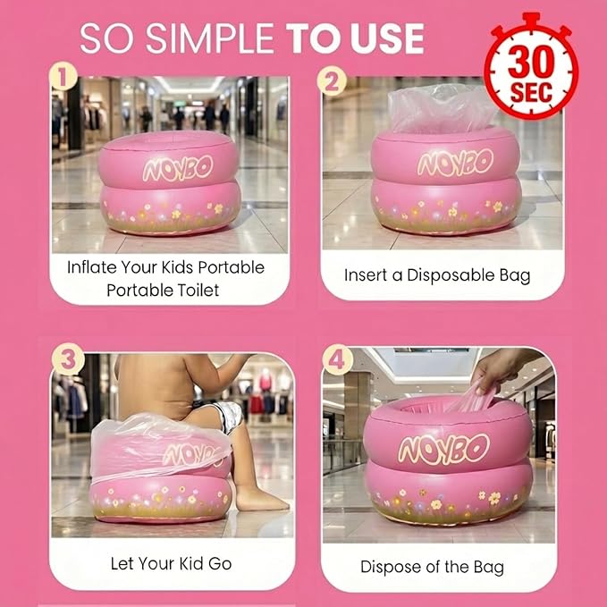 Travel Potty Seat for Toddlers - Inflatable Portable Toilet Kids Chair, Foldable Compact Lightweight Potty for Camping Road Trips, Outdoor Car Travel, Holds 66 lbs and 20 Durable Disposable Bags