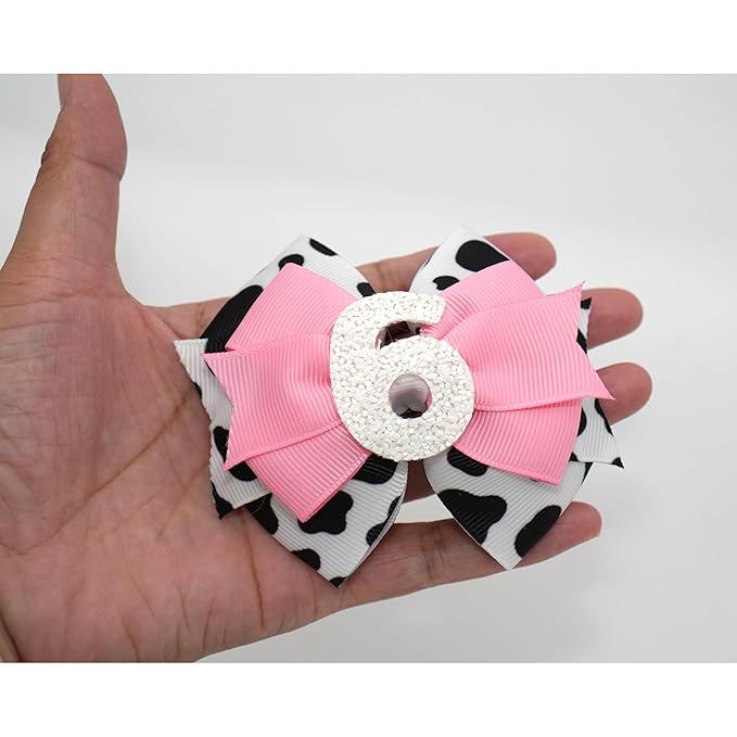 Sixth Birthday Hair Bow for Baby Girls 1 2 3 4 5 6 Years Sprinkle Decorations Party Hair Clip Accessories for Six 6th Birthday Glitter Cow Print