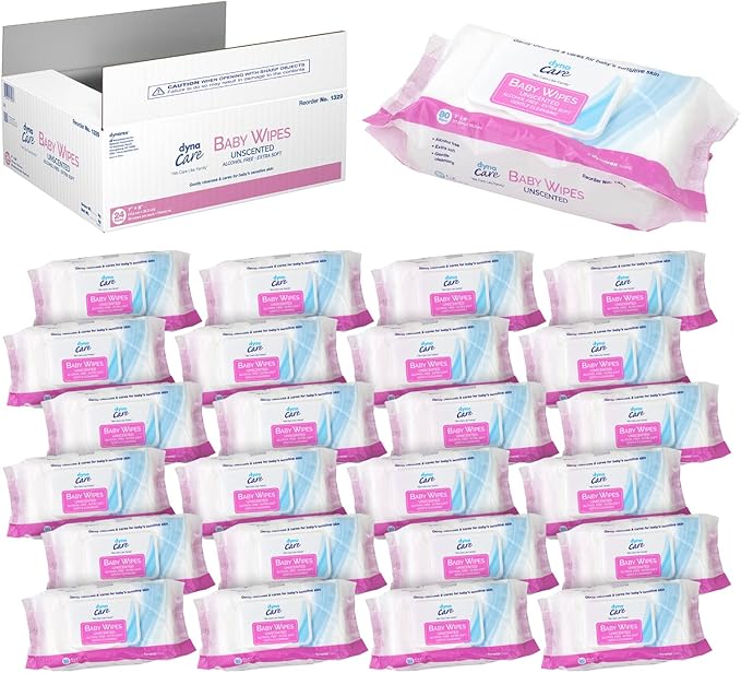 Dynarex Baby Wipes - Non-Alcohol Wipes for Babies with Lanolin & Aloe to Moisturize Skin - Sticker-Sealed Soft Pack - Unscented - 7x8", 80 Wet Wipes per Pack, 24 per Case