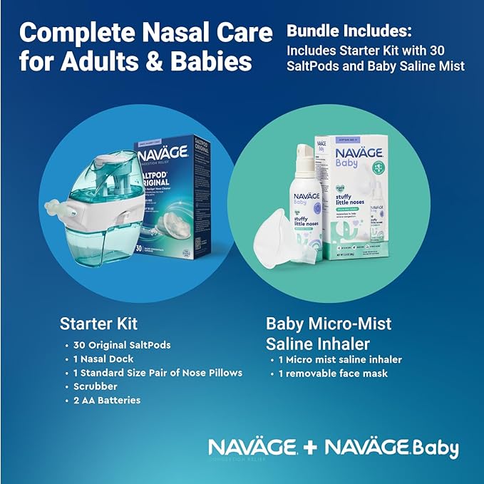 Navage Starter Kit with 30 SaltPods and Baby Mist Bundle – Natural Nasal Irrigation for Adults and Continuous Saline Mist for Baby Congestion Relief