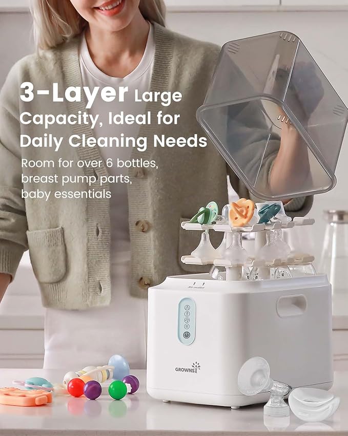 GROWNSY 3 Layers Large Capacity Bottle Sterilizer and Dryer, 45% Faster Electric Steam Sterilization, Universal Bottle Sterilizer for Baby Bottles, Breast Pump Parts, Glass & Plastic, Compact Design