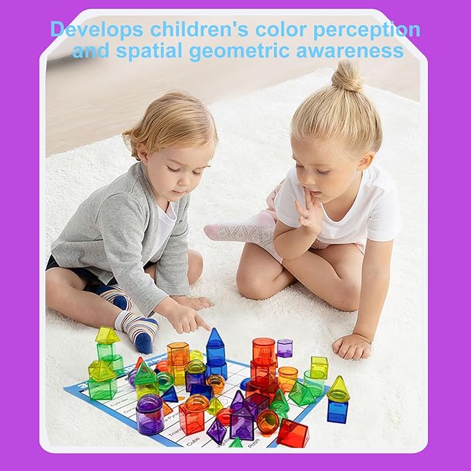 3D Geometric Solids 60 Pcs for Kids Translucent Geometric Shapes for Geometry Beginnings,Light Table Manipulatives Toy Math Helper School Supplies