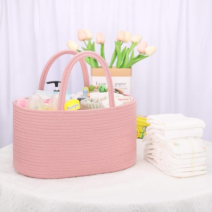 COMSE Large Baby Diaper Caddy Organizer for Girl Boy, Car Caddy with Handles, Cotton Rope Basket for Changing Table, Nursery Organizer, Gift for Baby Shower and Registry Must Have, Dusty Pink