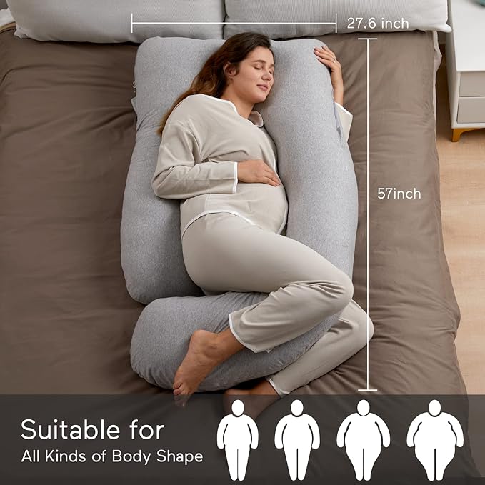 Momcozy U Shaped Pregnancy Pillows with Cotton Removable Cover, 57 Inch Full Body Pillow Maternity Support, Must Have for Pregnant Women, Hatha Grey
