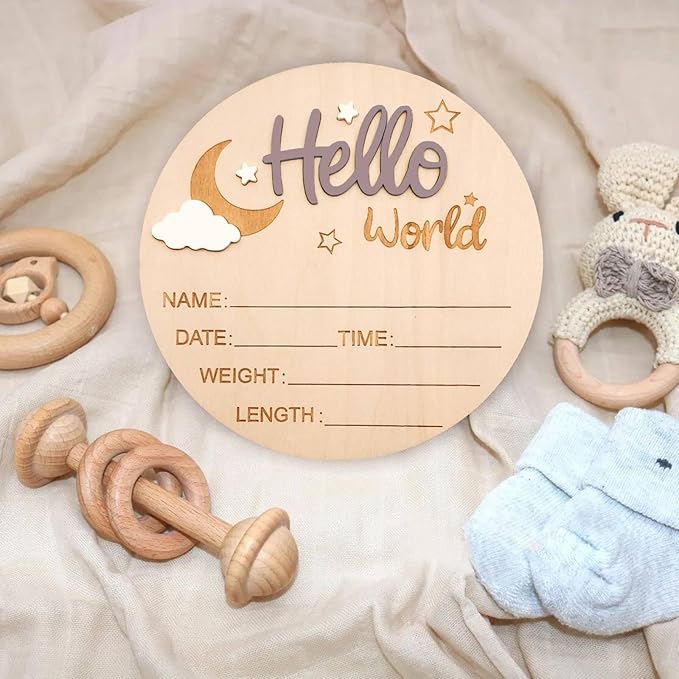 Baby Announcement Sign, 5.9 Inch Wooden Hello World Newborn Signs, Birth Announcement Sign and Pen, Moon and White Cloud Decoration, Welcome Newborn Arrival to World, Hospital Nursery for baby (Light Brown)