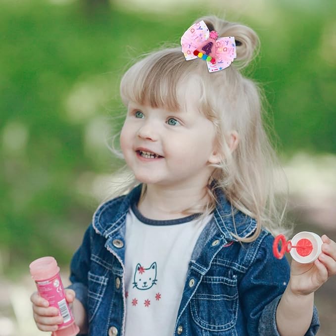 Birthday Hair Bow for Baby Girls 1 2 3 4 5 6 Year Old Sprinkle Hair Clips Happy Birthday Decorations for Girls Toddlers With Pom-Poms Ice Cream Candy Party Pink Hairs Accessories for 4th Sweet Party