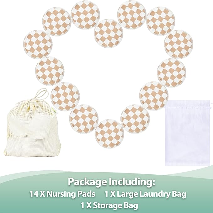wegreeco Nursing Breast Pads (14 Pack) + Laundry Bag & Travel Storage Bag, 4.7 inch Option - Washable & Reusable Breastfeeding Nursing Pads (Light Coffee Checkerboard, Large, Plain Shape)