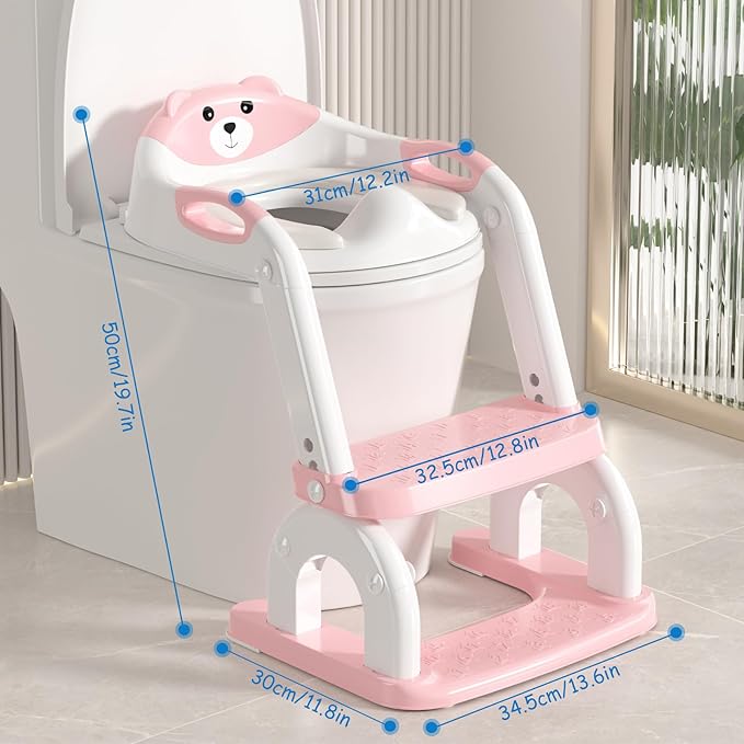 Potty Training Seat with Step Stool for Toddlers - Upgrade 2-in-1 Toilet Seat Toilet Ladder for Kids Children Boys Girls, Anti-Slip Pad & Adjustable Height with Waterproof - Pink