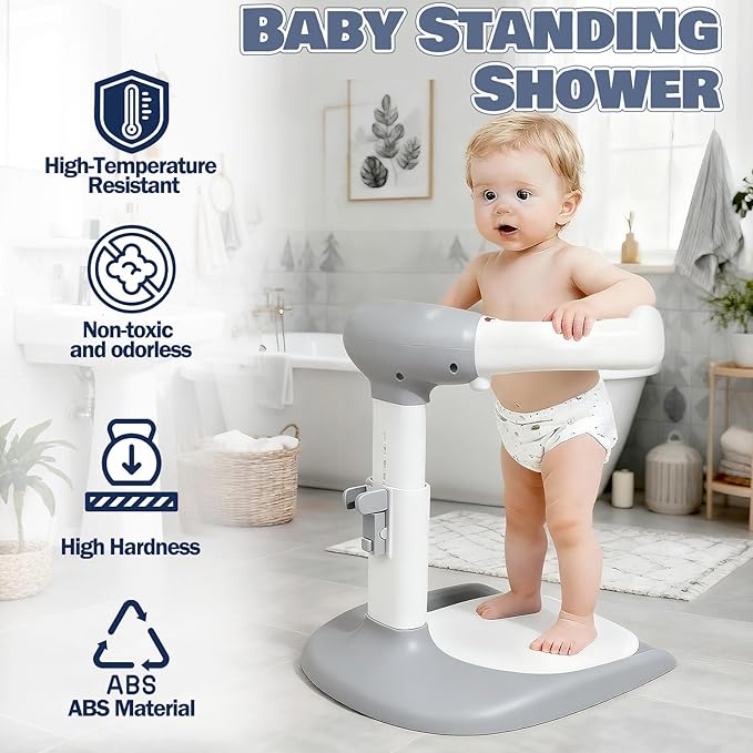 Baby Shower Stand Adjustable Toddler Shower Standing Support with Anti-Slip Base Infants Bath Support for 8-36 Months Portable Bath Helper (Grey)
