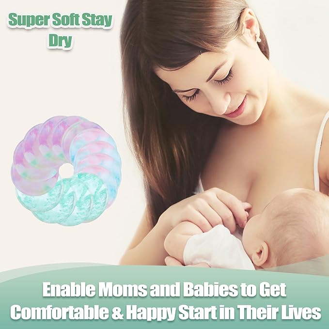 wegreeco Nursing Breast Pads (14 Pack) + Laundry Bag & Travel Storage Bag, 4.7 inch - Washable & Reusable Breastfeeding Nursing Pads (Plain Shape, Watercolors, Large)