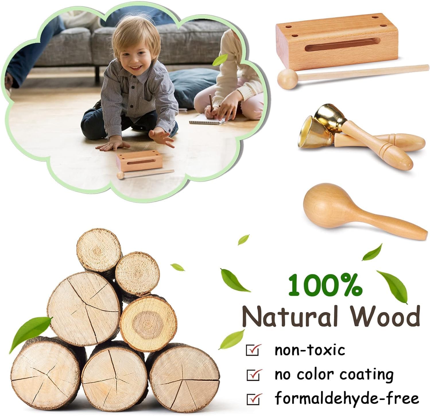 LOOIKOOS Toddler Musical Instruments, Eco Friendly Music Set for Kids Preschool Educational, Natural Wooden Percussion Instruments Musical Toys for Boys and Girls with Storage Bag
