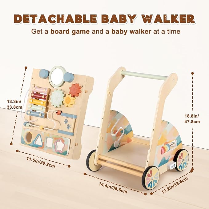 LOL-FUN Wooden Baby Walker with Detachable Busy Board, Push Walker for Baby with Adjustable Speed Wheels, Activity Learning Walker for Boys Girls 6-12 Months