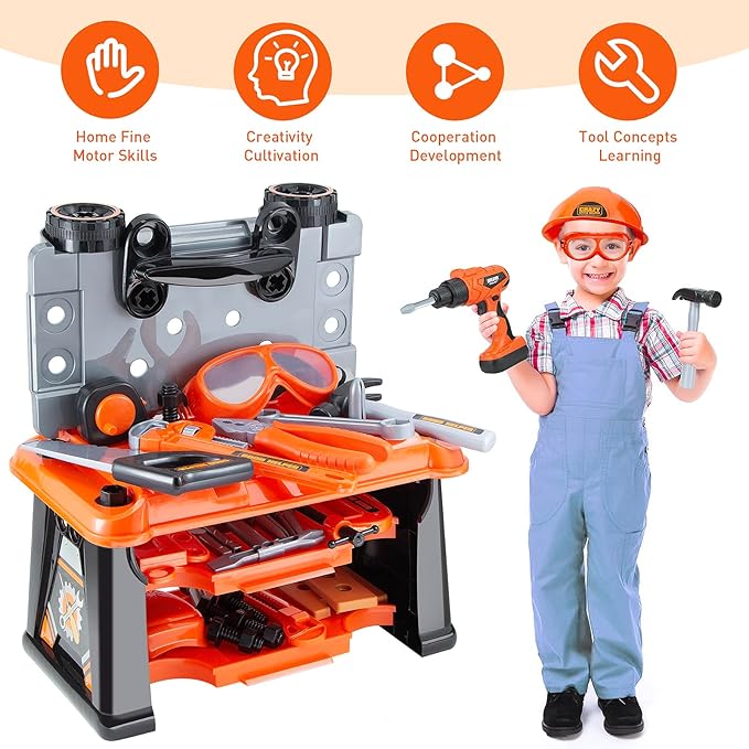 Kids Tool Bench-Zealous 79pcs Transformable Set, Toddler Workbench Toy with Electric Drill, Pretend Construction Playset for Boys Girls Age 3+, Orange & Black, HB3222-3
